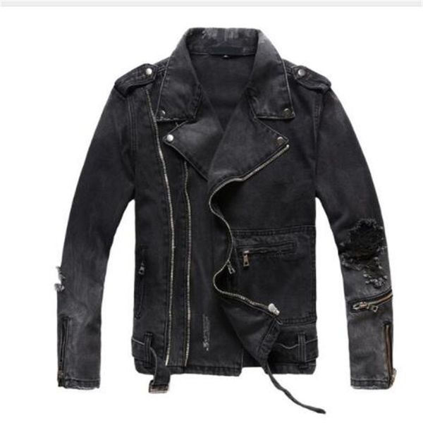 

2019 slim mens ripped denim jackets black multi zippers streetwear distressed motorcycle biker jeans jacket, Black;white
