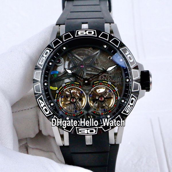 

new excalibur 46 pvd rddbex0805 double tourbillon automatic mens watch black dial steel case rubber strap sport watches hello_watch 12 color, Slivery;brown