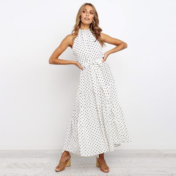 

women sleeveless dress racerback polka dot print summer casual loose beach holiday long maxi sling bodycon dress, White;black