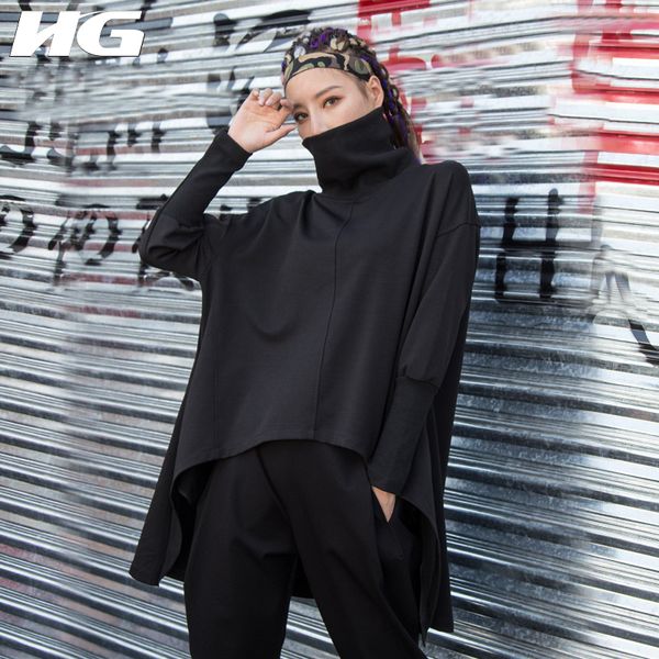 

hg] fashion new women 2019 summer turtleneck full sleeve loose female solid color solid color pullover sweatshirt xj1291, Black