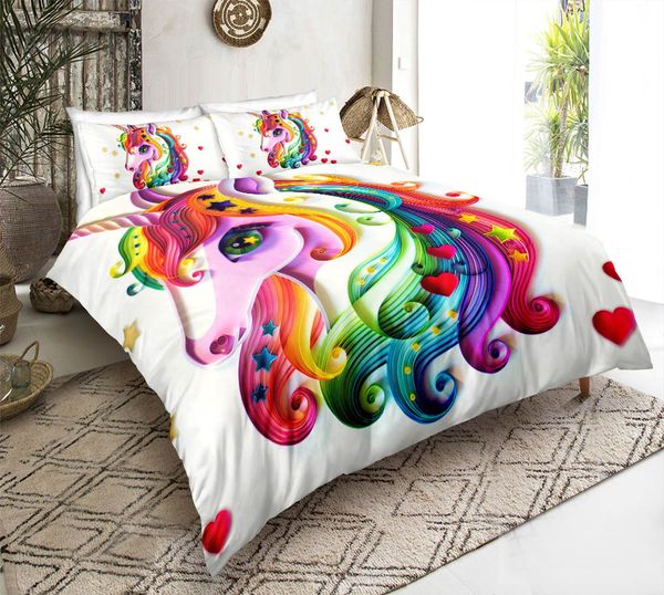 White Rainbow Unicorn Bedding Set King Size Heart Painted Duvet