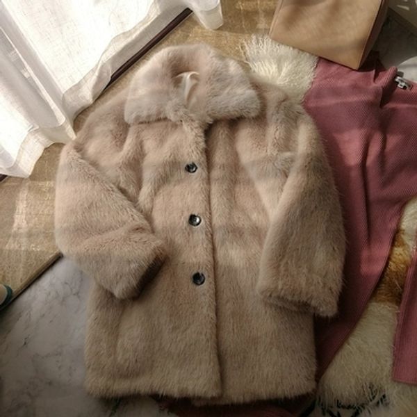 

women winter small loose thick plush coat, Black