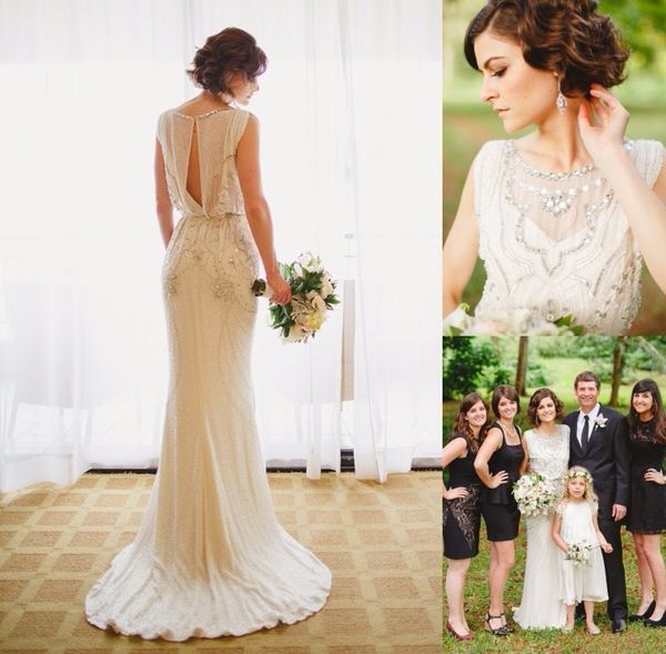 

vintage great gatsby mermaid wedding dresses 2019 luxury sparkly crystal beaded jewel full length country garden bridal wedding gown, White