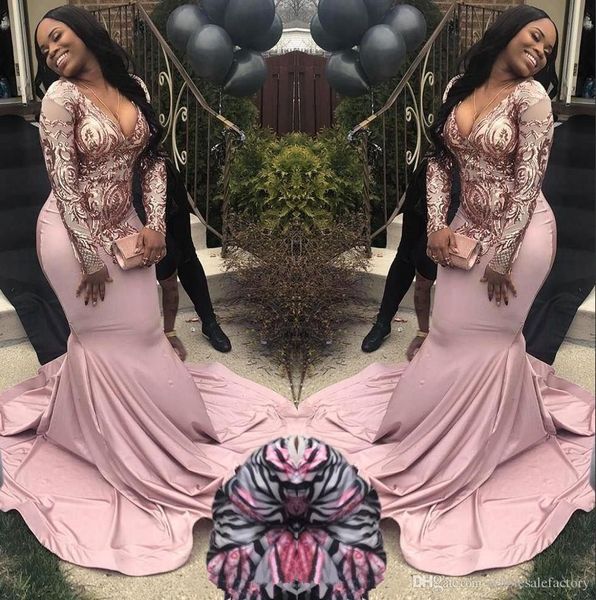 

black girls v neck satin mermaid long prom dresses 2019 long sleeves sequins lace sweep train formal party evening gowns party dress