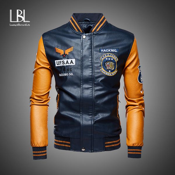 

leather jacket men bomber baseball jackets biker pu coat faux pilot varsity fleece college leather black slim fit motorcycle, Black;brown