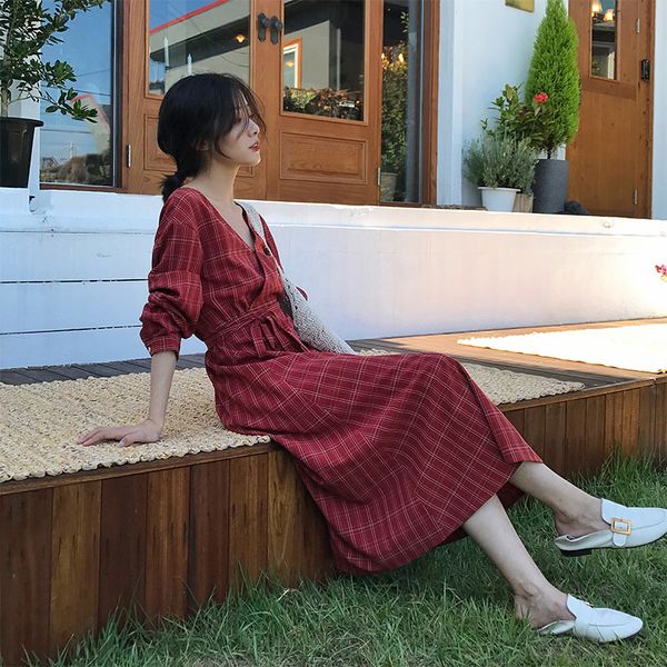 

2019 new fashion women bohemian dresses spring summer long sleeve high waist dresses with belt female v-neck cotton plaid dress, Black;gray