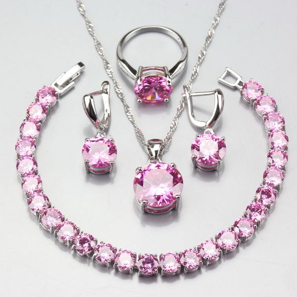 

925 sterling silver jewelry sets earrings pendant necklace ring bracelet round cute pink crystal princess wedding jewelry, Slivery;golden