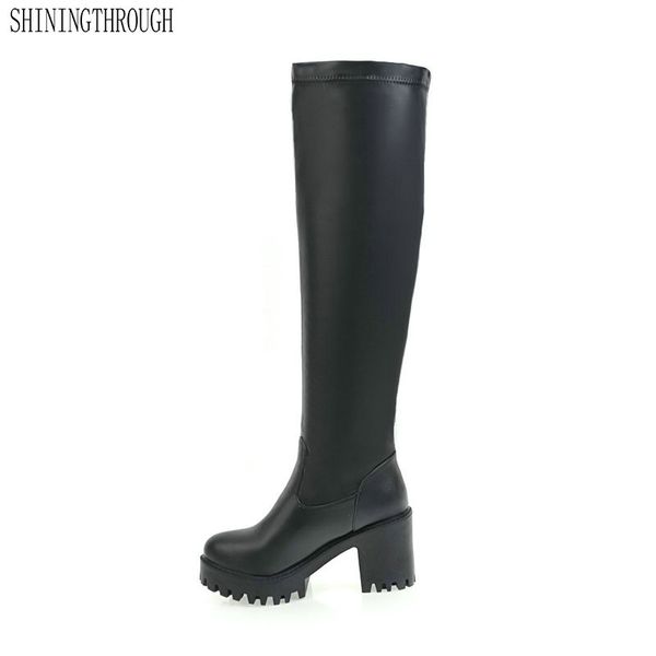 

2020 new women knee high boots pu leather slip on fashion erogenous round toe platform ladies long shoes size 34-43, Black