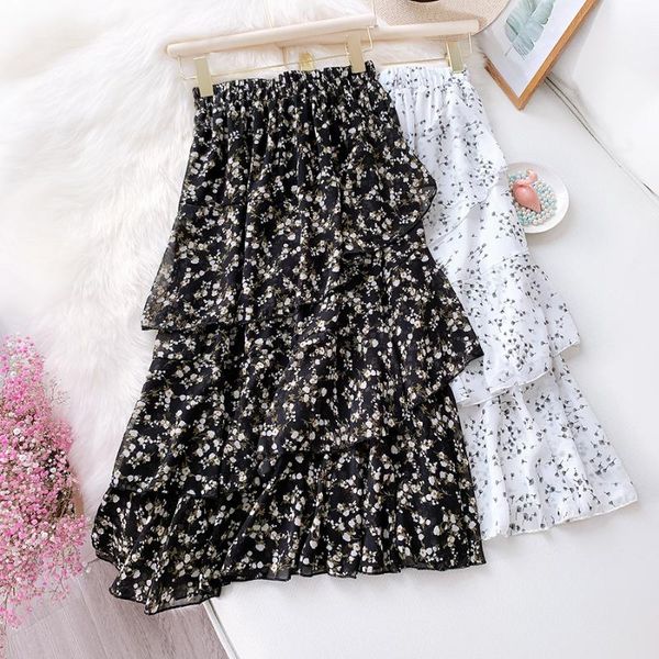 

2020 white black floral printed mid-calf skirts high waist a-line skirt women elastic waist korean streetwear boho skirt jurken