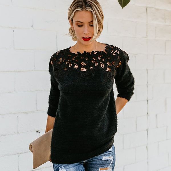 

black lace women hollow sweaters long sleeve pullover sweater ladies o neck jumper hollow out knitwear pull femme #57, White;black