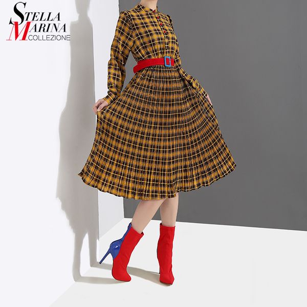

casual dresses 2021 korean style women spring long yellow purple plaid dress with sashes stand collar sleeve lady cute midi 4614, Black;gray