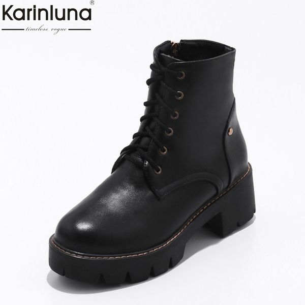 

women's 2019 big size 43 chunky heels ankle boots woman shoes casual cool shoelaces shoes women motorcycles boots, Black