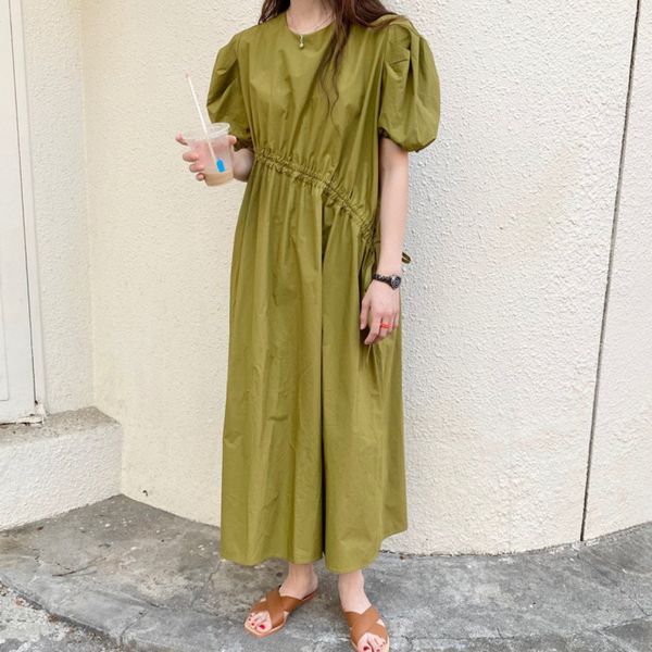

party dresses [ewq] simple casual puff sleeve ladies green robe 2021 summer women vintage thin elegant drawstring design folds maxi, White;black