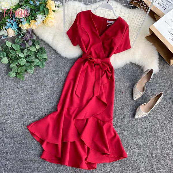 

2019 summer ladies ruffled short sleeved wrap dress v neck high waist solid graceful women sashes vestidos drop shipping, Black;gray