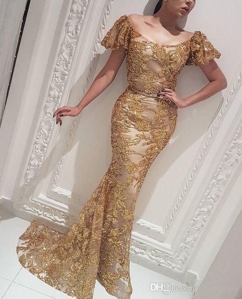 Fashion Gold Sequin Mermiad Formal Evening Dresses With Scoop Neck