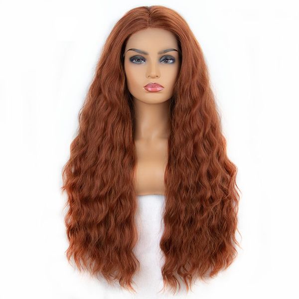 Long Wavy Fiber Hair Lace Front Wig Middle Part Copper Red Orange
