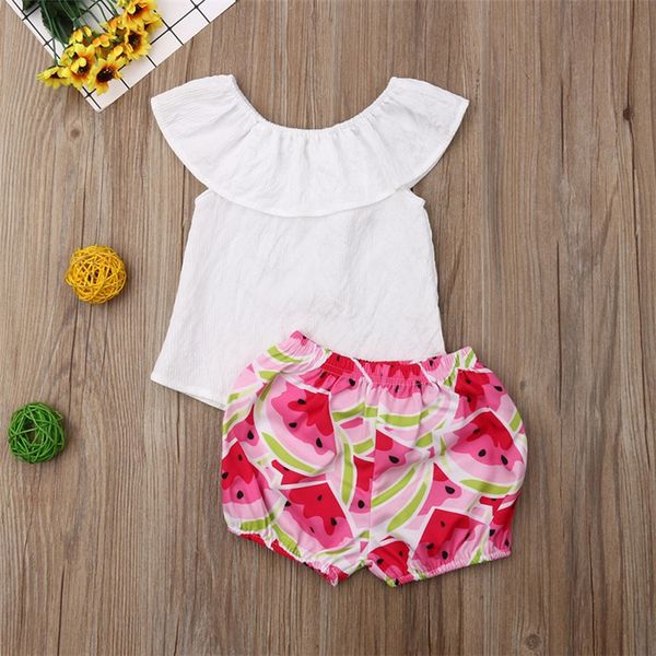 

summer baby girl kids clothes short-sleeved off shoulder white watermelon printed shorts 2piece set kids designer clothes girls jy480