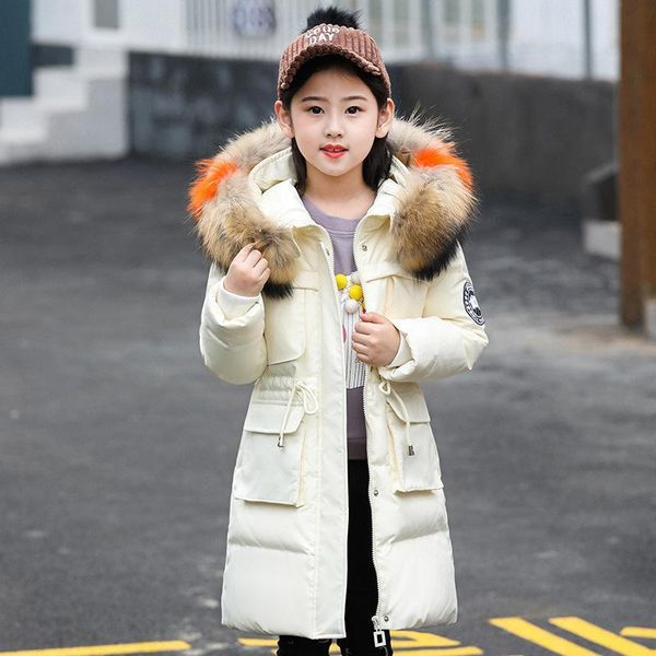 

5-15 years children girl down jacket winter thick warm long coat parka real raccoon fur hooded kids outerwear clothes clothing, Blue;gray