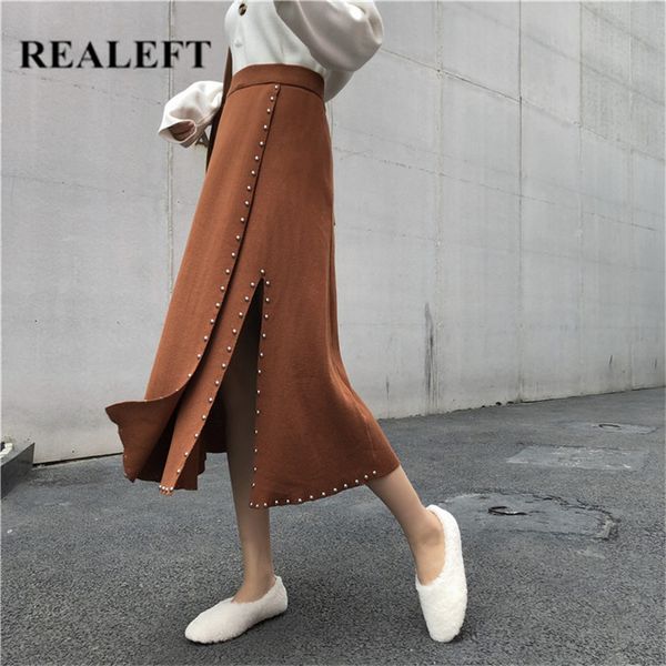

realeft autumn winter rivet knitted long skirts front split vintage a-line skirt korean style high waist streetwear knit skirts, Black