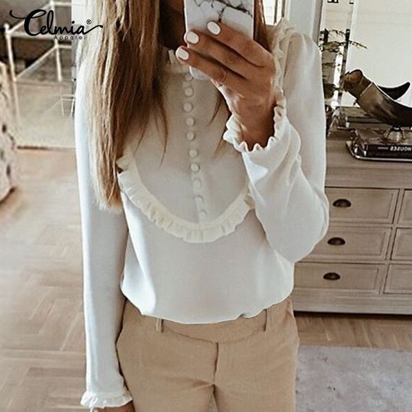 

oversized celmia women's ruffles blouses ladies fashion long sleeve casual solid bottons work shirts vintage loose blusas, White