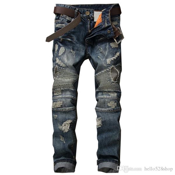 

classic retro jeans pants for men straight hole beggars patch stitching ripped jean trousers, Blue