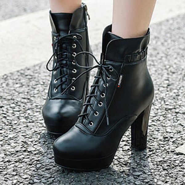 

platform boots leather shoes women winter high heel waterproof lace-up anle boots elastic thick sole square heel shoes, Black