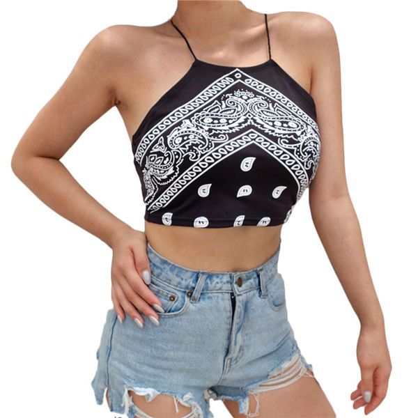 

womens print slim fit halter camisole female tank reflective bralet buckle tube vest cami camiseta, Black;white