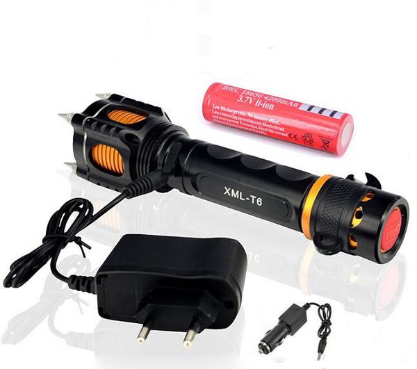 

2000lm l2 led tactical flashlight self defense recharge torch lamp with hammer alarm for camping hunting