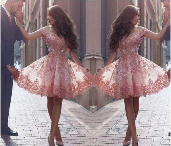 

new arabic homecoming dresses cap sleeves v neck short lace appliques beaded 3d floral flowers tulle cocktail dress party prom gowns, Red