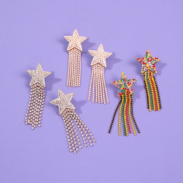 

new style jewelry european and american style fashion diamond set earrings cool star-shaped colored diamond tassel long earrings, Golden