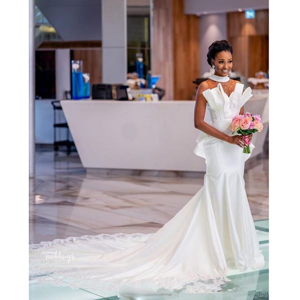 

graceful high neck see through back satin wedding dresses lace appliques pearls wedding gowns long train africa bridal gowns, White