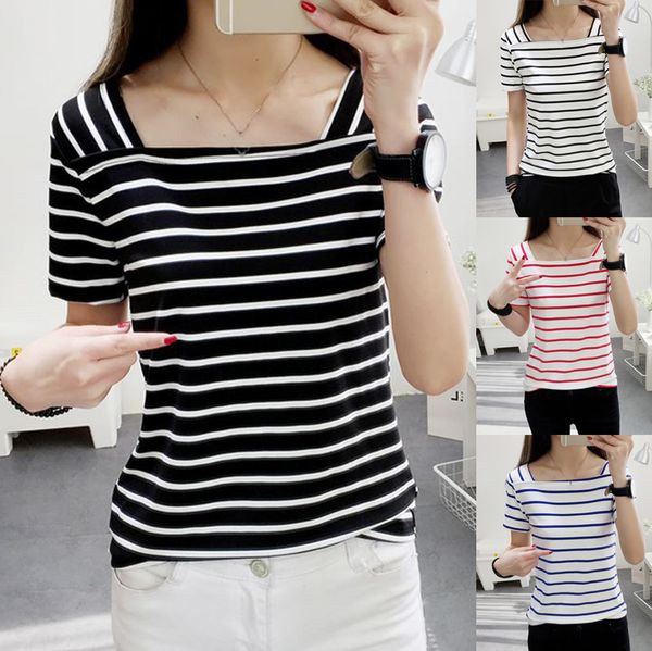 

women 2019 summer tee shirt femme women summer short sleeve slim fit square neck casual stripes tee shirt camiseta mujer 40, White