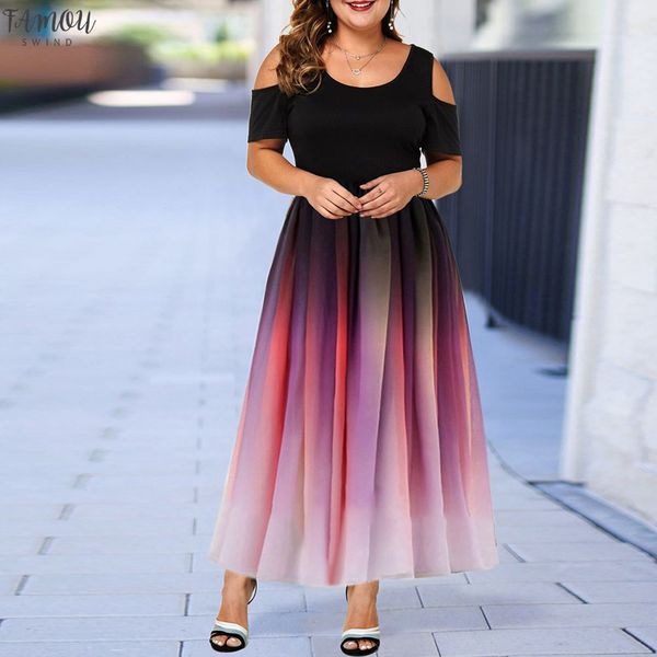 

large size elegant dress ladies 2020 new hollow out print plus size dresses for women 6xl casual female autumn maxi dress d25, Black;gray