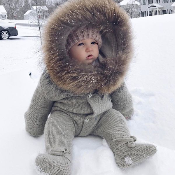 

infant baby rompers winter clothes newborn baby boy girl knitted sweater jumpsuit raccoon fur hooded kid toddler outerwear, Blue