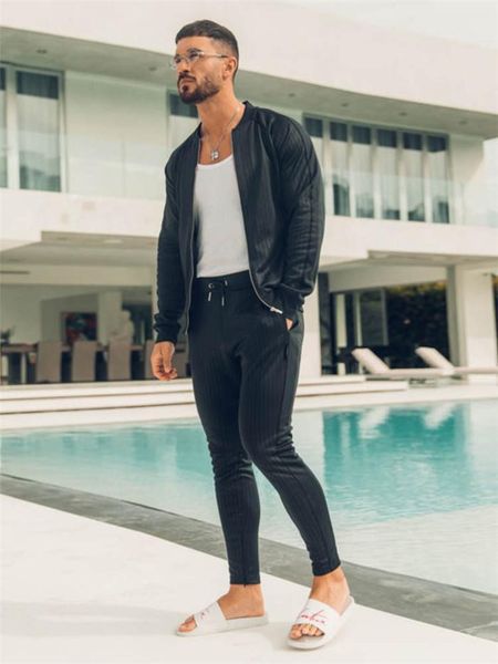 

mens pencil pants striped print fashion style homme clothing regular sport style active loose casual apparel, Black