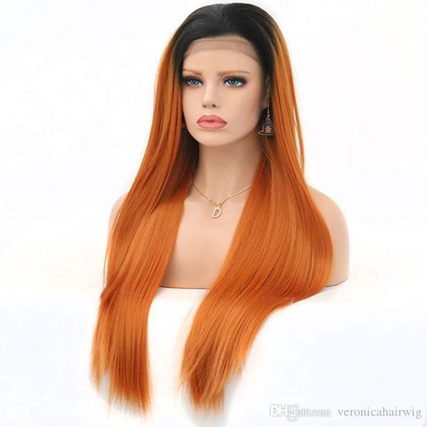 Fashion Long Silky Straight Synthetic Lace Front Wigs Dark Roots