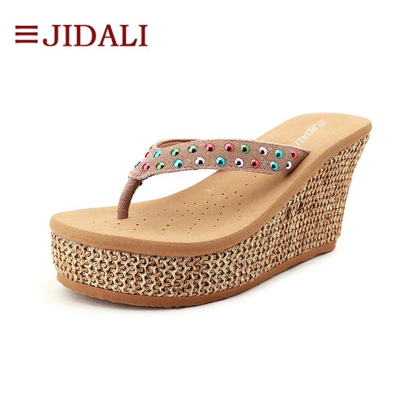 

jidali women fashion shoes beach flip flop colorful upper high platform wedges eva outside slipper size 35-39, Black