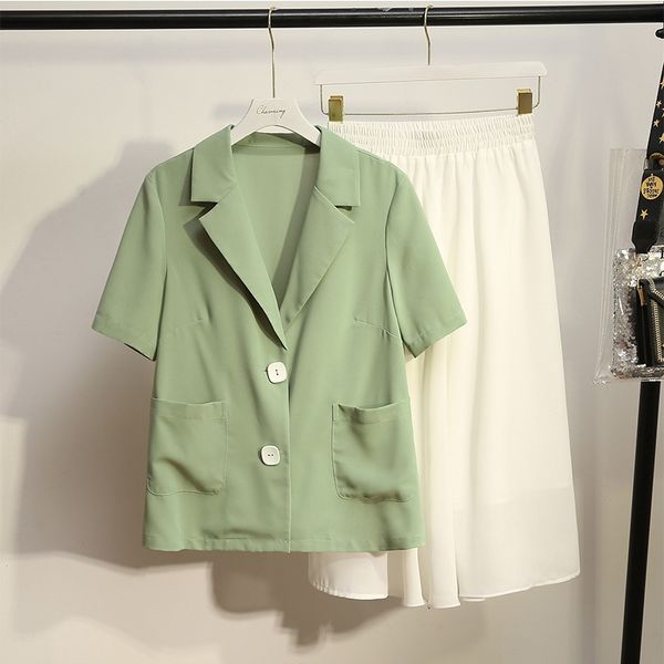 

fashion women skirt suits notched short sleeve blazer jackets and slim midi skirts two pieces summer sets female outfits 5xl, White;black