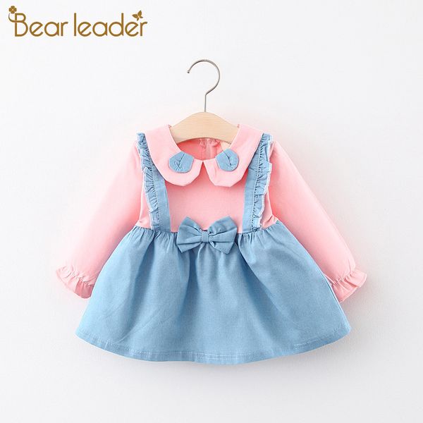 

bear leader baby girl autumn long sleeve dress kids girls bow cute princess dress kid color patchwork suspenders jeans dresses, Red;yellow