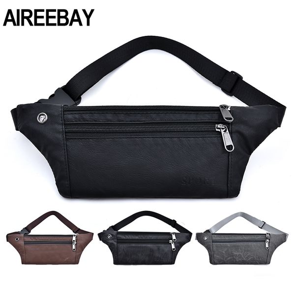 

aireebay casual pu leather waist bag men money phone fanny pack vintage black waist belt bag small travel hip bum for male