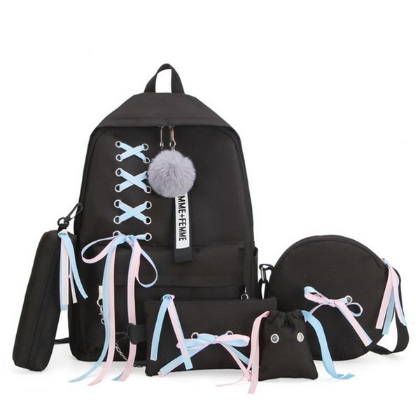 

5pcs/set school bag for teenage solid backpack 2019 schoolbag women student bag lace bow bundle backpack y200706