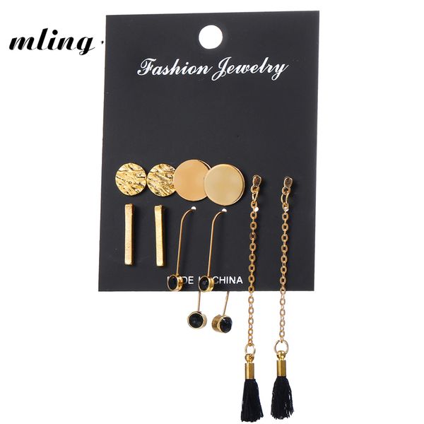 

5 pairs/ set fashion gold tassel round stud earrings set for women trendy mixed black acrylic statement long tassel earrings, Golden;silver