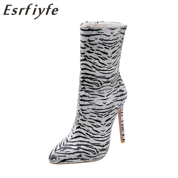 

esrfiyfe 2020 new women ankle boots zebra zip autumn winter boots lady pointed toe thin high heel party wedding shoes woman, Black