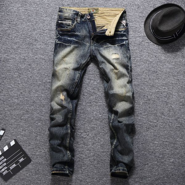 

fashion streetwear men jeans retro yellow washed slim fit ripped jeans men patchwork hip hop pants vintage homme, Blue