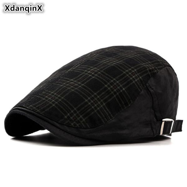 

xdanqinx men's washed cotton hat fashion plaid berets british retro women's tongue caps adjustable size couple hats snapback cap, Blue;gray