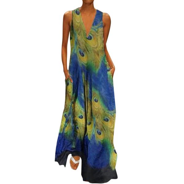 

v neck women vintage print dress 2019 summer sleeveless pockets dress casual loose boho maxi long dresses #zer, Black;gray