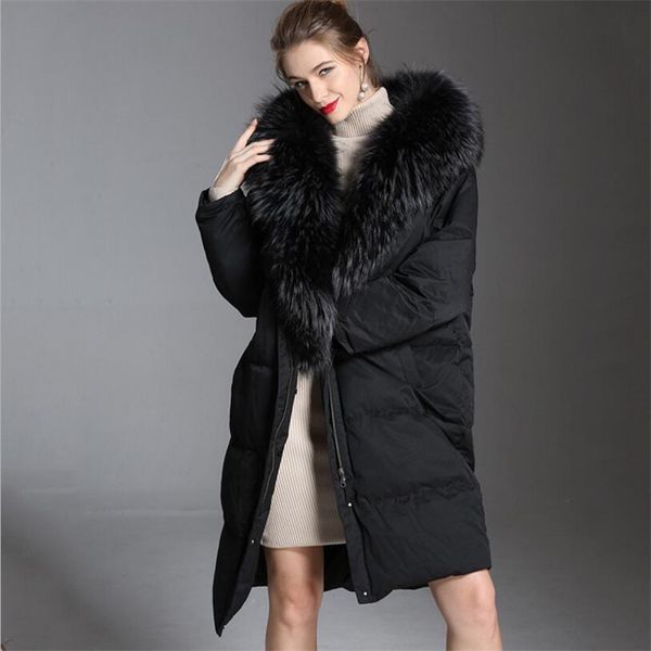 

ianlan winter womens relaxed down coats 90% white duck ladies real big raccoon fur collar parka x-long hooded overcoats il00420, Black