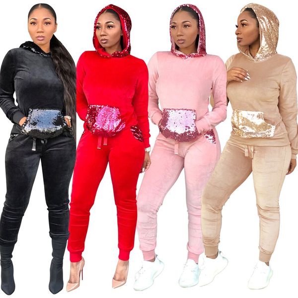 

мода блестки плюша с капюшоном свитер брюки двухсекционный повседневный костюм новых женщин женщины набор tracksuit nb-982, Gray