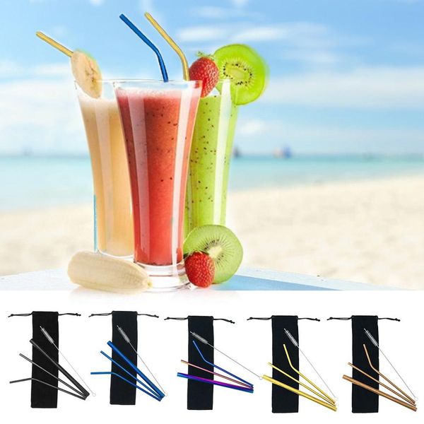 

new wholeasale 4 pcs/set stainless steel beverage straw set color metal milk drinks straw