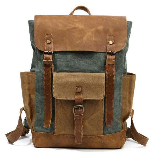 

oil wax canvas leather backpacks waterproof rucksacks 15 inch lap daypacks large capacity vintage mochilas travel bac